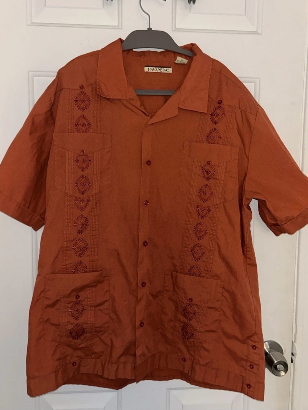 The Havanera Men’s Embroidered Shirt Button Down Orange Size XL